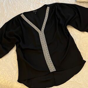 Buckle Black Blouse with White Geometric Trim